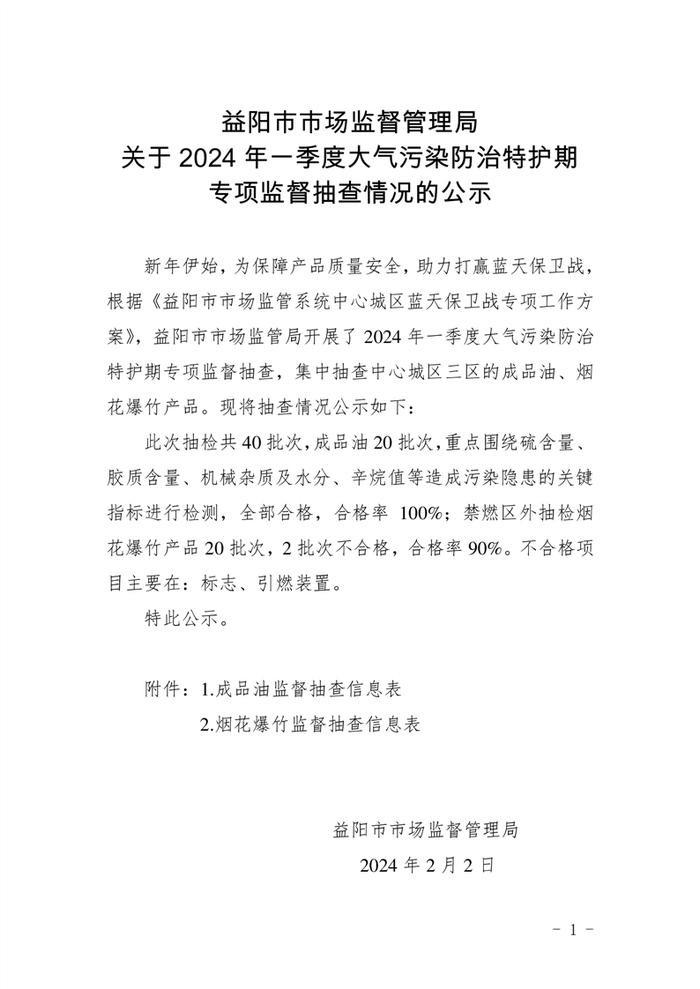 湖南省益阳市关于2024年一季度大气污染防治特护期专项监督抽查情况的公示