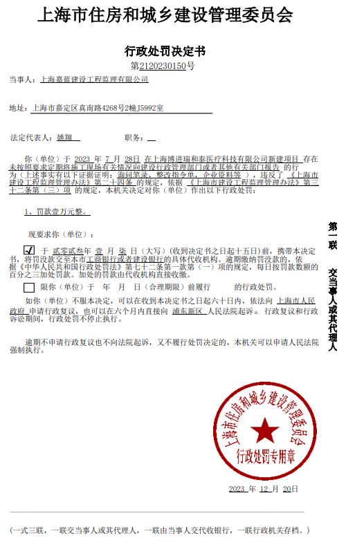 对上海嘉蓝建设工程监理有限公司的行政处罚决定书