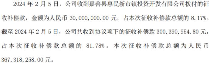 豪声电子收到嘉善县惠民新市镇投资开发有限公司拨付的征收补偿款3000万