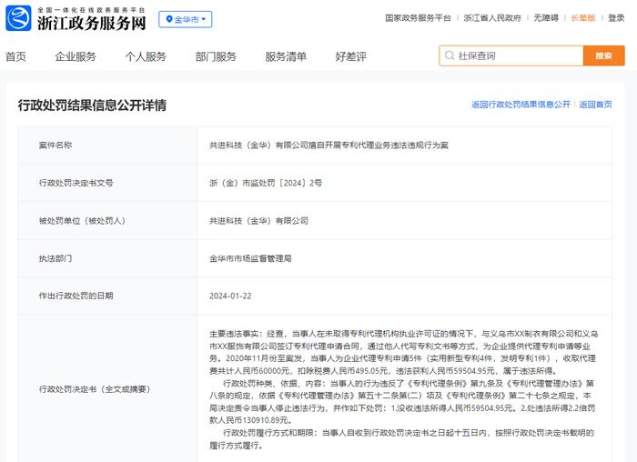 共进科技（金华）有限公司擅自开展专利代理业务违法违规行为案