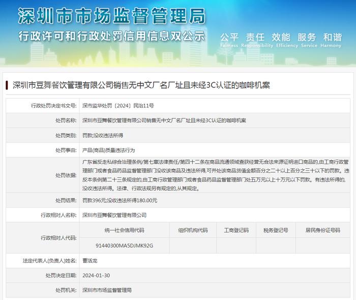 深圳市豆舞餐饮管理有限公司销售无中文厂名厂址且未经3C认证的咖啡机案