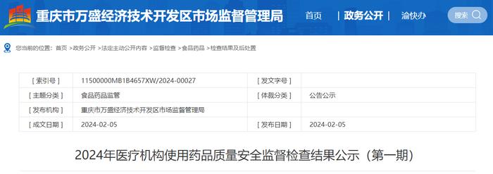 重庆市万盛经济技术开发区市场监督管理局公示2024年医疗机构使用药品质量安全监督检查结果（第一期）