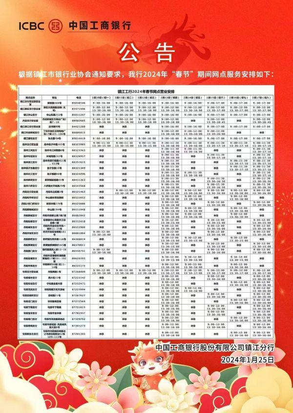 工商银行镇江分行2024年“春节”期间网点服务安排