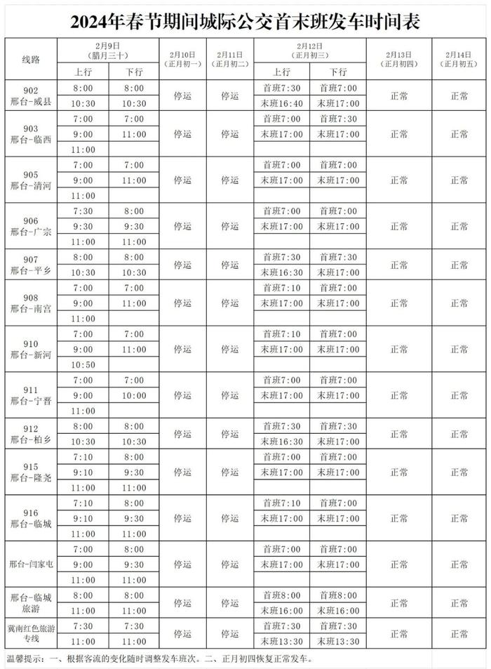 新鲜出炉！春节期间城市公交、城际公交、长途客运发车时间表