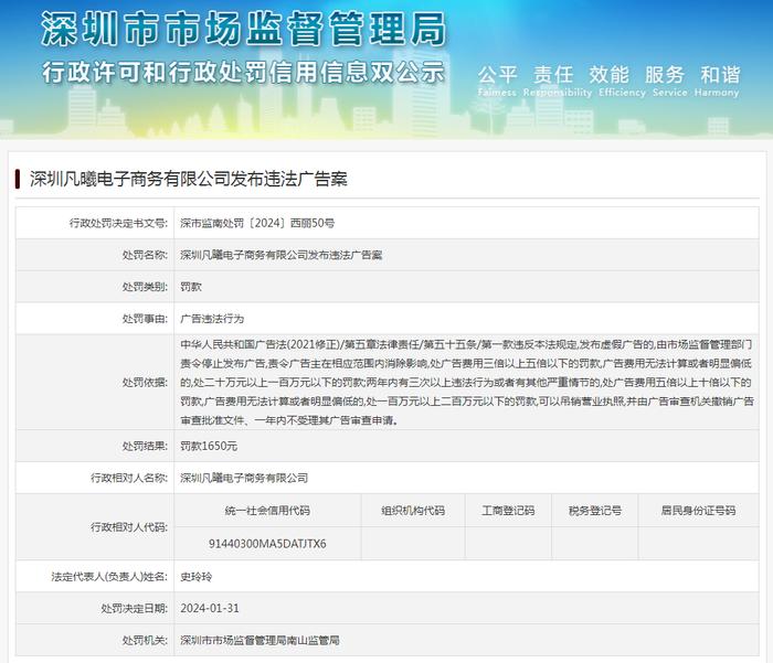 深圳凡曦电子商务有限公司发布违法广告案