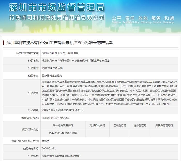 深圳氢利来技术有限公司生产销售未标注执行标准号的产品案