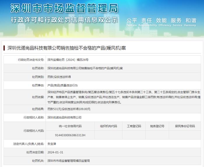 深圳优诺尚品科技有限公司销售抽检不合格的产品(暖风机)案