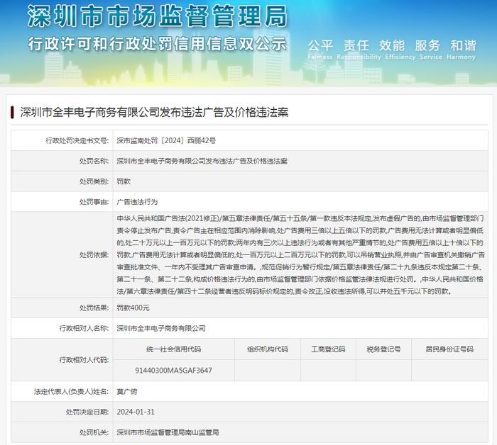 深圳市全丰电子商务有限公司发布违法广告及价格违法案