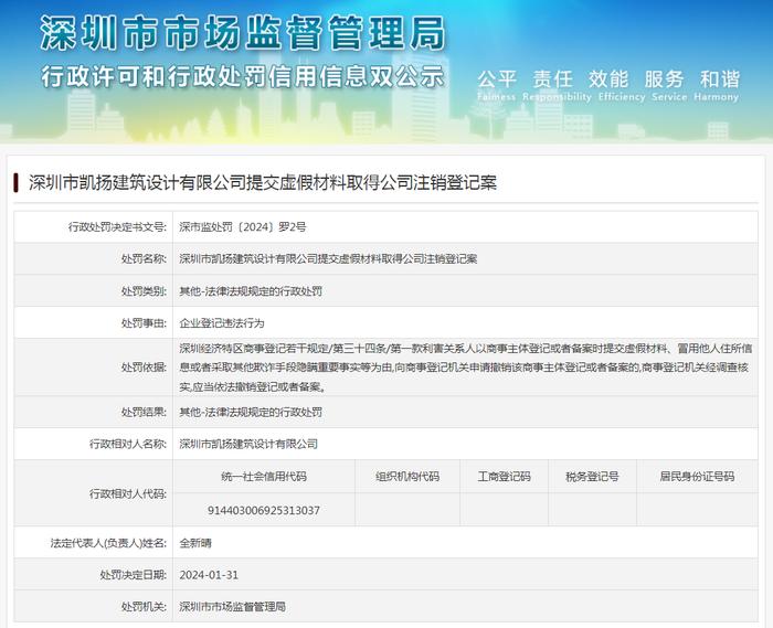 深圳市凯扬建筑设计有限公司提交虚假材料取得公司注销登记案