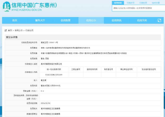 广东惠州市惠城区卫生健康局对惠州市戴思财医疗有限公司作出行政处罚