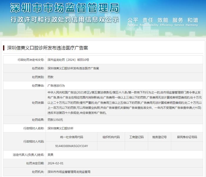 深圳信美义口腔诊所发布违法医疗广告案