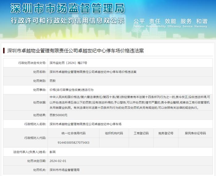 深圳市卓越物业管理有限责任公司卓越世纪中心停车场价格违法案
