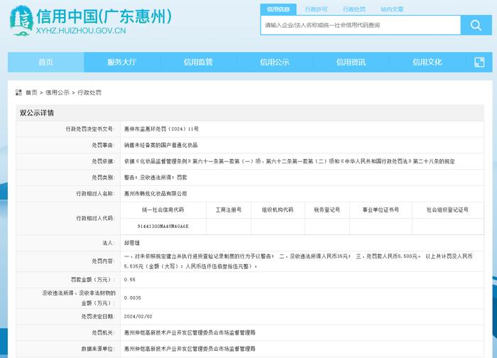 广东省惠州仲恺高新技术产业开发区管理委员会市场监督管理局对惠州市韩炫化妆品有限公司作出行政处罚