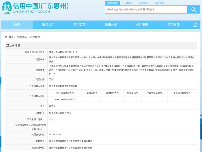 惠州市骏洋投资开发有限公司被罚款4000元