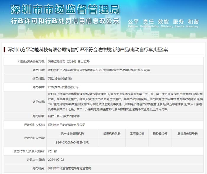 深圳市方平动能科技有限公司销售标识不符合法律规定的产品(电动自行车头盔)案