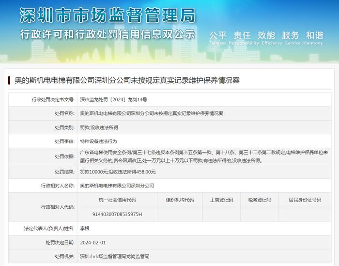 奥的斯机电电梯有限公司深圳分公司未按规定真实记录维护保养情况案