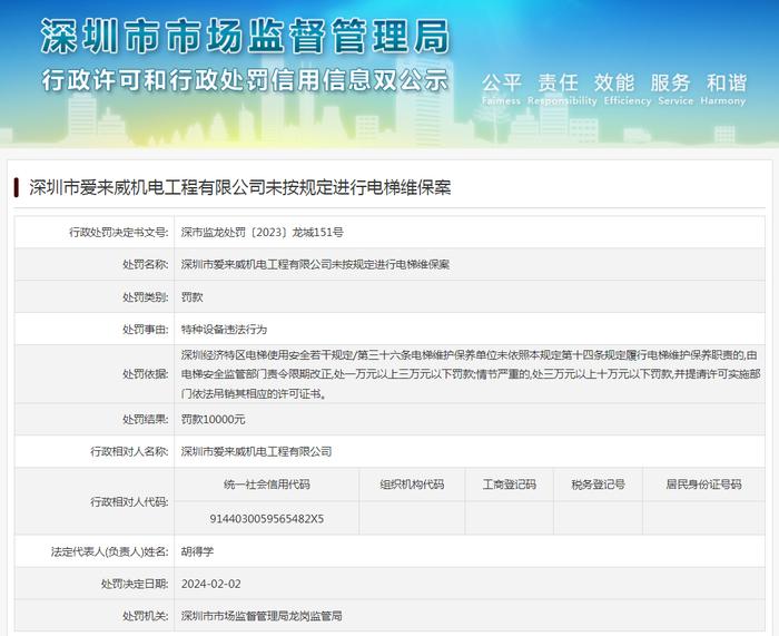 深圳市爱来威机电工程有限公司未按规定进行电梯维保案