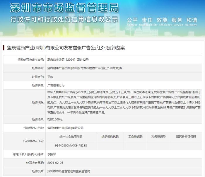 玺辰健康产业(深圳)有限公司发布虚假广告(远红外治疗贴)案
