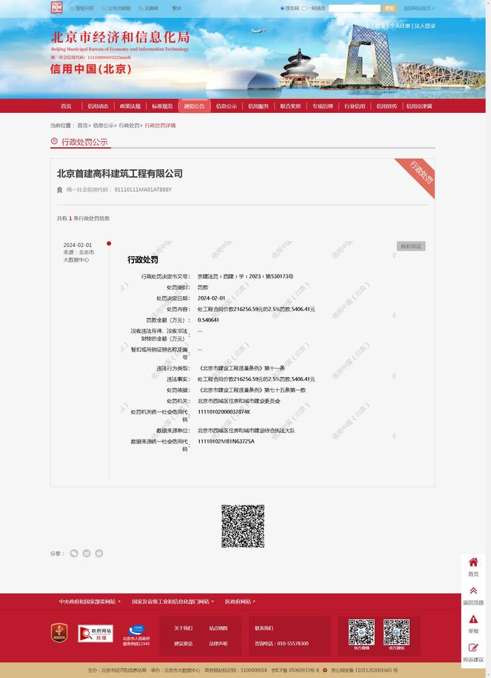 北京首建高科建筑工程有限公司被处罚