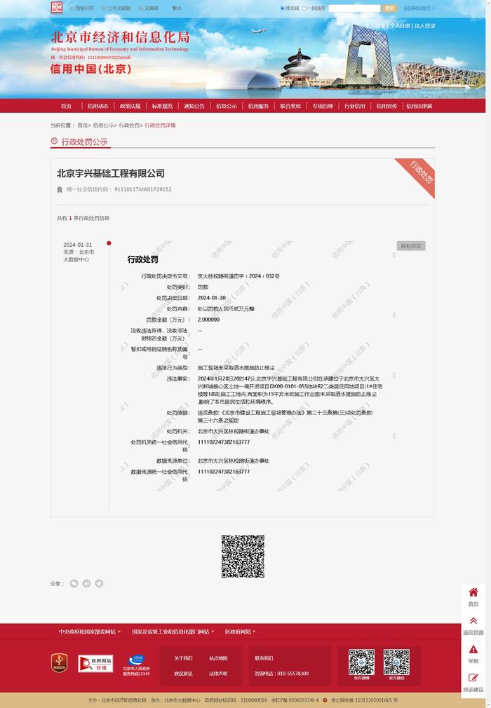 北京宇兴基础工程有限公司被罚款2万元