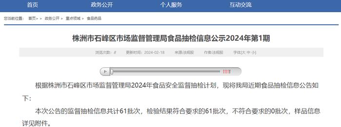 湖南省株洲市石峰区市场监督管理局食品抽检信息公示2024年第1期