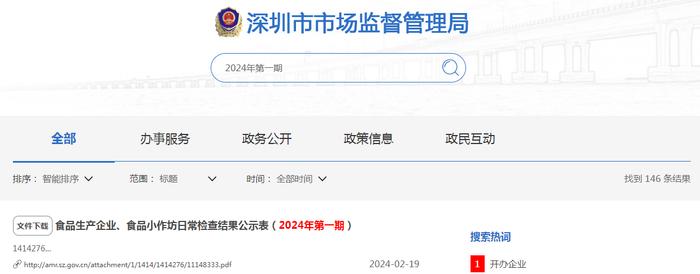 深圳市食品生产企业、食品小作坊日常检查结果公示表（2024年第一期）