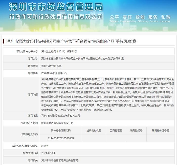 深圳市索达数码科技有限公司生产销售不符合强制性标准的产品(手持风扇)案