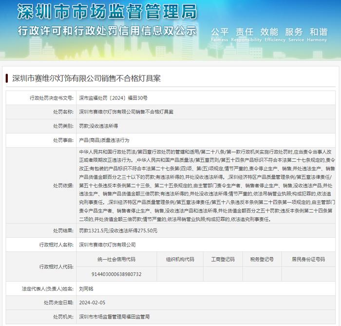 深圳市赛维尔灯饰有限公司销售不合格灯具案
