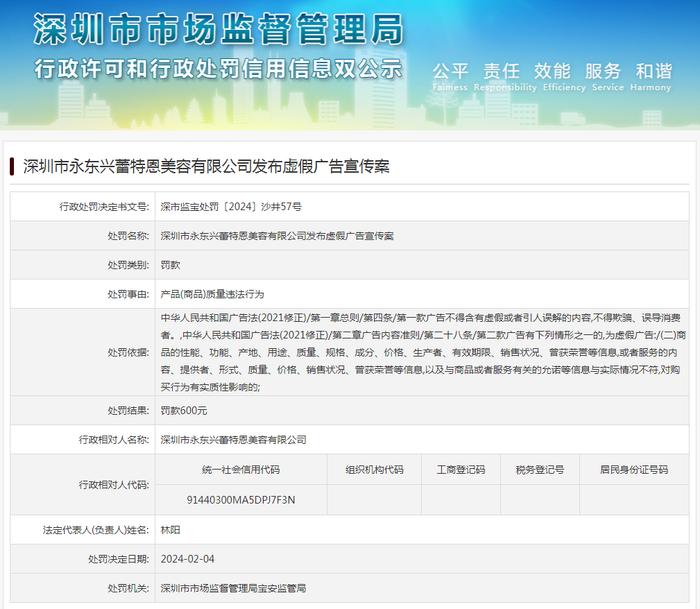 深圳市永东兴蕾特恩美容有限公司发布虚假广告宣传案