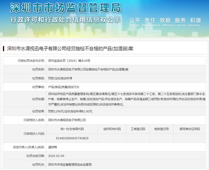 深圳市水滴视迅电子有限公司经营抽检不合格的产品(加湿器)案