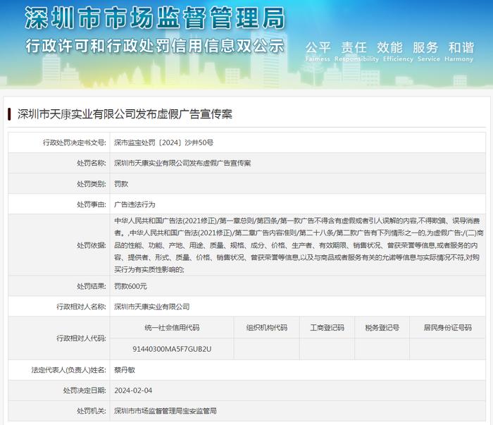 深圳市天康实业有限公司发布虚假广告宣传案