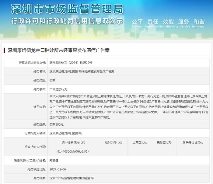 深圳康齿德龙井口腔诊所未经审查发布医疗广告案