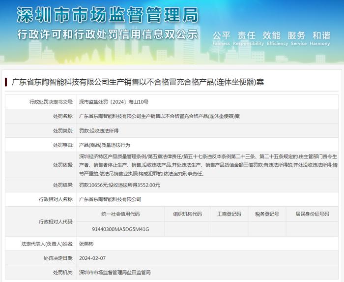 广东省东陶智能科技有限公司生产销售以不合格冒充合格产品(连体坐便器)案