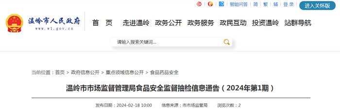 浙江省温岭市市场监督管理局食品安全监督抽检信息通告（2024年第1期）