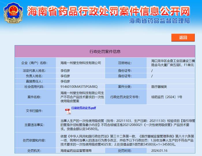 海南一剂堂生物科技有限公司生产不符合产品技术要求的一次性使用吸痰管案