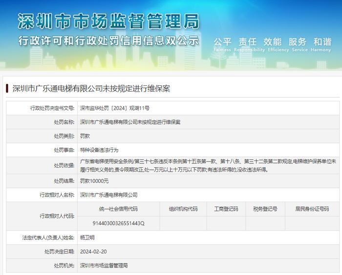深圳市广乐通电梯有限公司未按规定进行维保案