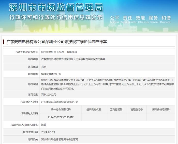 广东菱电电梯有限公司深圳分公司未按规定维护保养电梯案