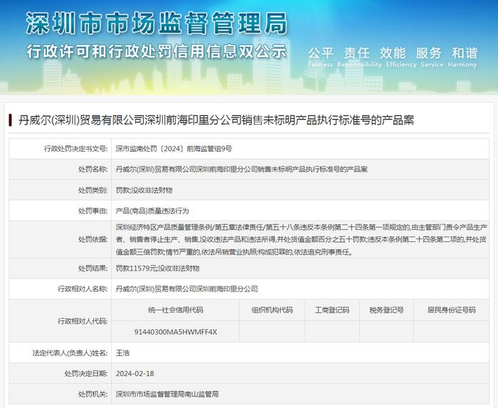 丹威尔(深圳)贸易有限公司深圳前海印里分公司销售未标明产品执行标准号的产品案