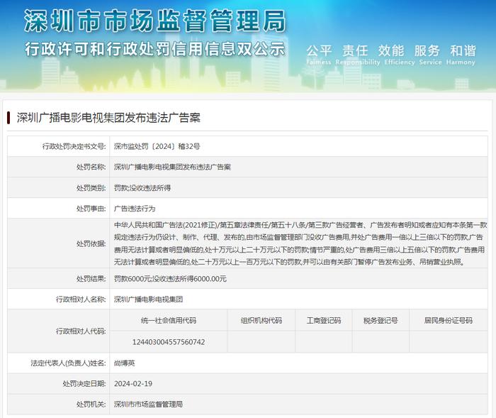 深圳广播电影电视集团发布违法广告案