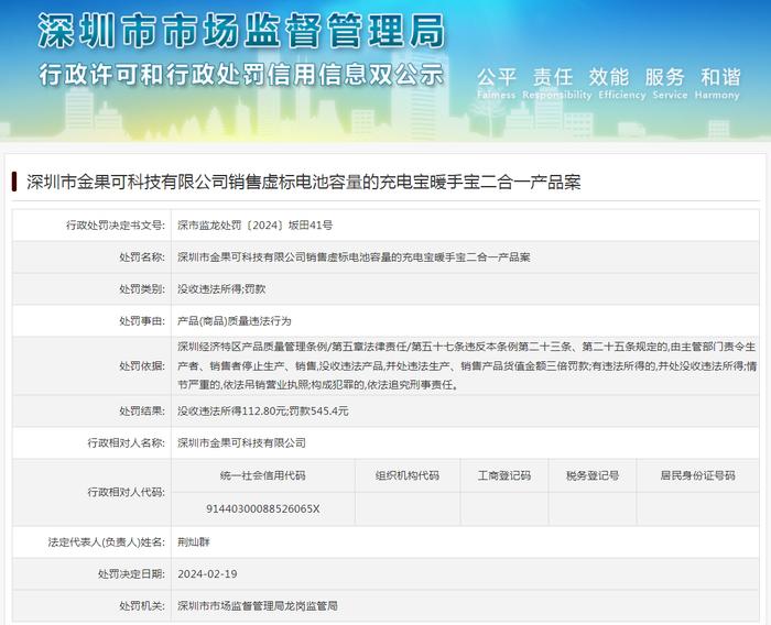 深圳市金果可科技有限公司销售虚标电池容量的充电宝暖手宝二合一产品案