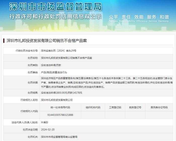 深圳市礼邦投资发展有限公司销售不合格产品案