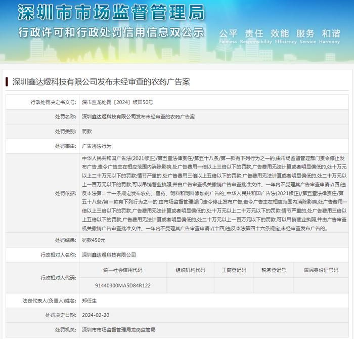 深圳鑫达煜科技有限公司发布未经审查的农药广告案