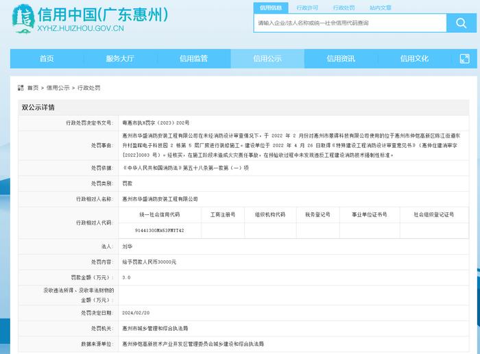 惠州市华盛消防安装工程有限公司被罚款30000元