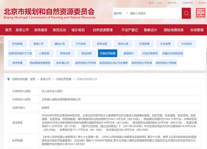 ​非法占地  北京鉴心诚物业管理服务有限公司被罚15万余元