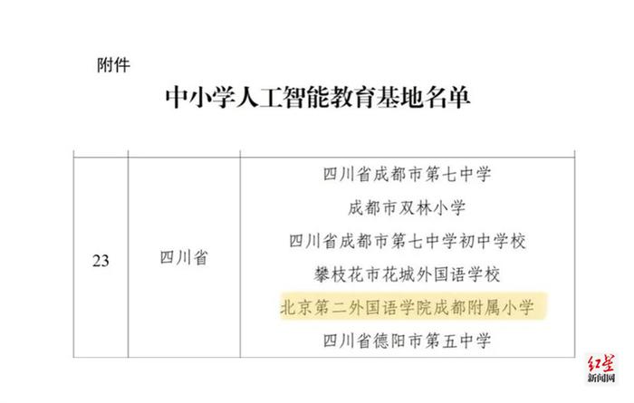 教育部公布中小学人工智能教育基地名单 北二外成都附小入选