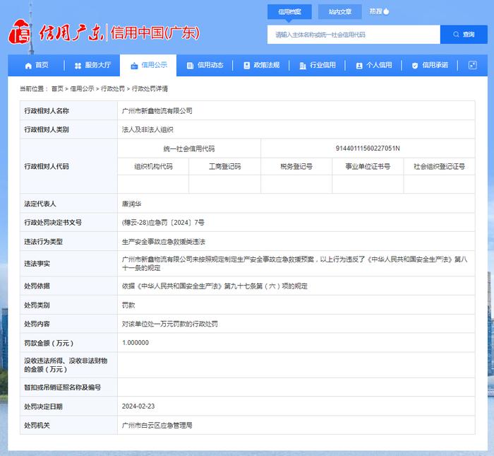 广州市新鑫物流有限公司未按照规定制定生产安全事故应急救援预案被罚
