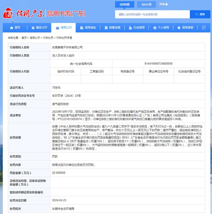 废气超标排放 东莞泰嵩不织布有限公司被罚