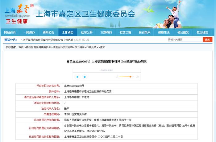 上海福寿康瞿行护理站卫生健康行政处罚案