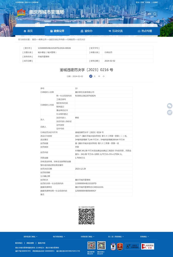 重庆界石仪表有限公司违规增建被处罚