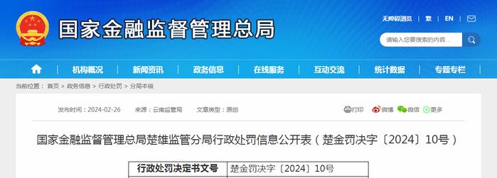 国家金融监督管理总局楚雄监管分局行政处罚信息公开表（楚金罚决字〔2024〕10号）